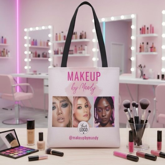 Roze Script Logo QR Code Foto Waterverf Make-up Tote Bag