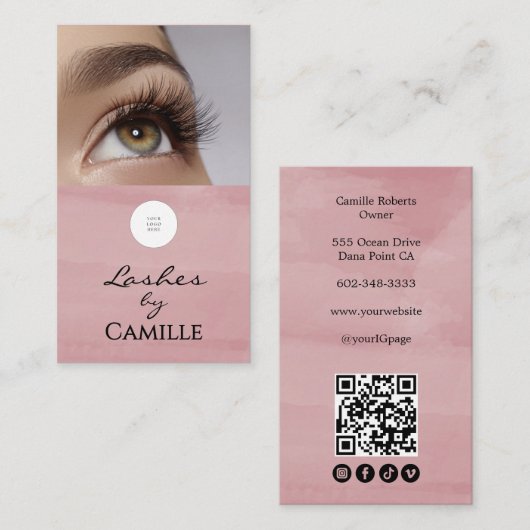 Roze Script Logo QR Code Foto Wimpern Visitekaartje (Voorkant / Achterkant)