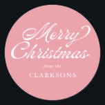 Roze  Script Modern Merry Christmas Ronde Sticker<br><div class="desc">Roze  Script Modern Merry Christmas Classic Round Sticker is de perfecte aanvulling op uw kerstcadeaus dit jaar,  met  stijl script en jouw naam.</div>