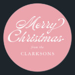 Roze  Script Modern Merry Christmas Ronde Sticker<br><div class="desc">Roze  Script Modern Merry Christmas Classic Round Sticker is de perfecte aanvulling op uw kerstcadeaus dit jaar,  met  stijl script en jouw naam.</div>