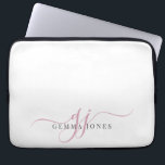 Roze Script Monogram Initialen Minimalist Laptop Sleeve<br><div class="desc">Een chique modern stijlvol roze script initialen monogram op wit,  met een dramatisch script initiaal met swashes en je volledige naam in een modern serif type.</div>