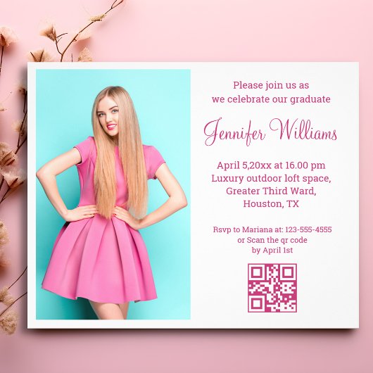 Roze Script QR Code Foto afstuderen Uitnodiging Flyer