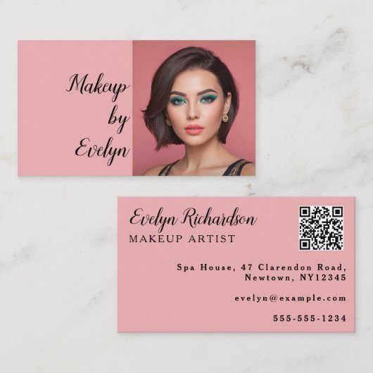 Roze Script QR Code Foto Make-up Visitekaartje (Voorkant / Achterkant)