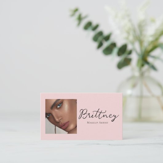 Roze Script QR Code Foto Make-up Visitekaartje (Staand voorkant)
