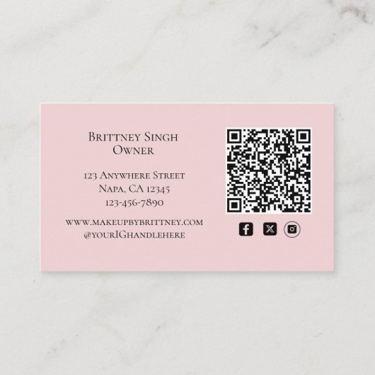 Roze Script QR Code Foto Make-up Visitekaartje (Achterkant)