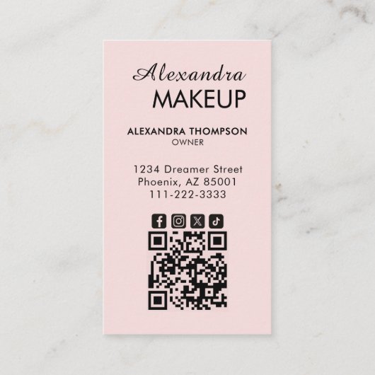 Roze Script QR Code Foto Make-up Visitekaartje (Achterkant)