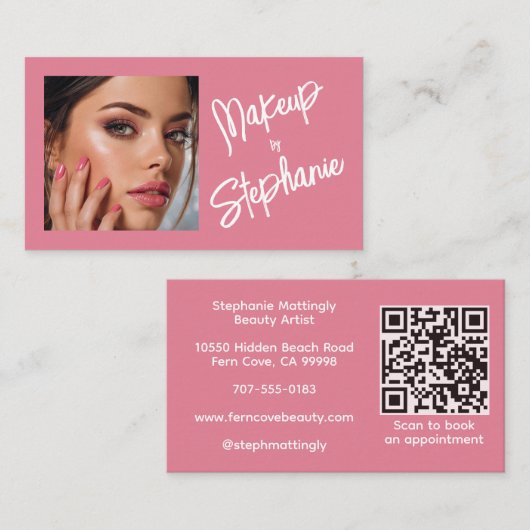 Roze Script QR Code Foto Make-up Visitekaartje (Voorkant / Achterkant)
