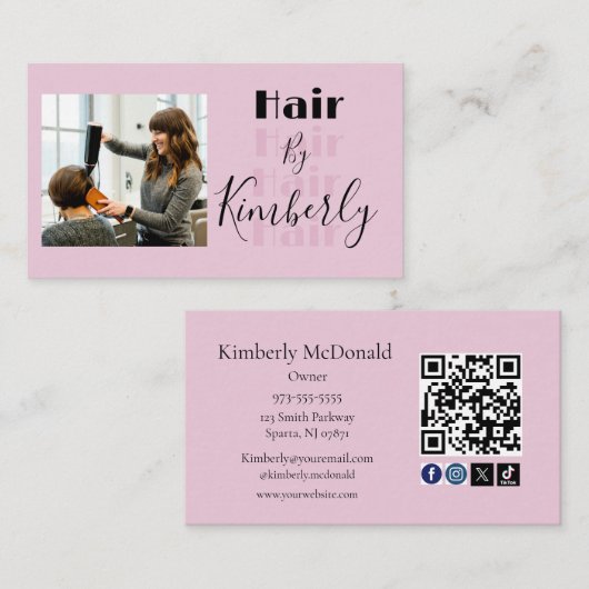 Roze Script Sociale Icon QR Code Foto Haar Visitekaartje (Voorkant / Achterkant)