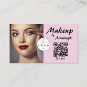 Roze Script Sociale Icon QR Code Foto Make-up Visitekaartje (Voorkant)