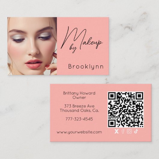 Roze Script Sociale Icon QR Code Foto Make-up Visitekaartje (Voorkant / Achterkant)