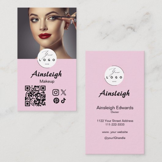 Roze Script Sociale Icon QR Code Foto Make-up Visitekaartje (Voorkant / Achterkant)