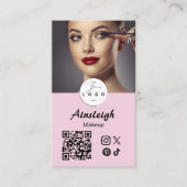 Roze Script Sociale Icon QR Code Foto Make-up Visitekaartje (Voorkant)