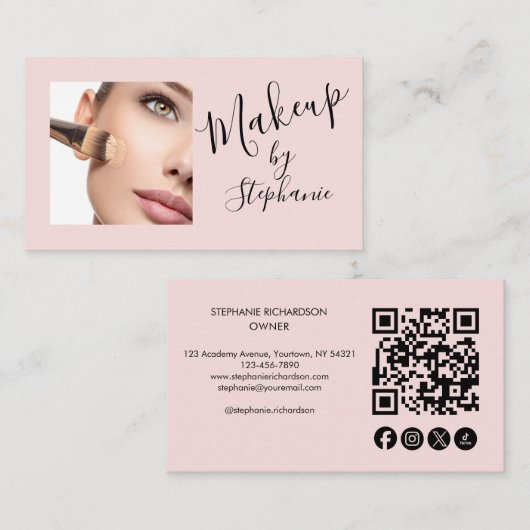 Roze Script Sociale Icon QR Code Foto Make-up Visitekaartje (Voorkant / Achterkant)