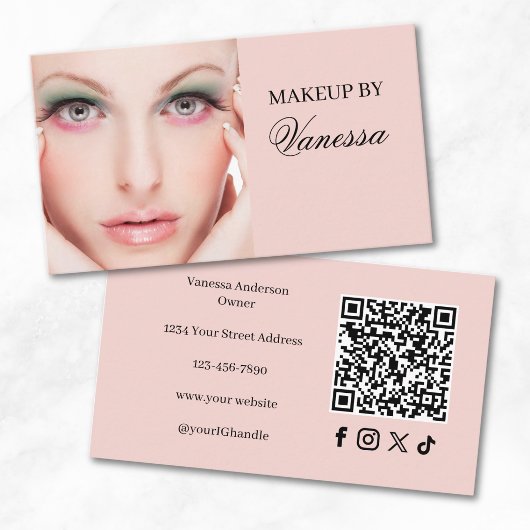Roze Script Sociale Icon QR Code Foto Make-up Visitekaartje