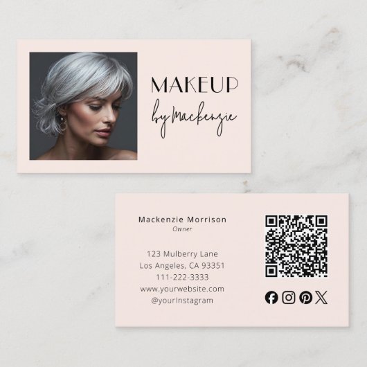 Roze Script Sociale Icon QR Code Foto Make-up Visitekaartje (Voorkant / Achterkant)