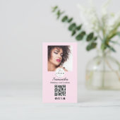 Roze Script Sociale Icon QR Code Foto Make-up Visitekaartje (Staand voorkant)
