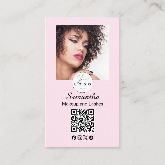 Roze Script Sociale Icon QR Code Foto Make-up Visitekaartje (Voorkant)
