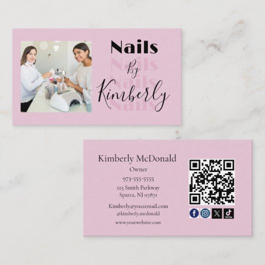 Roze Script Sociale Icon QR Code Foto Nagels Visitekaartje (Voorkant / Achterkant)