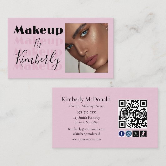Roze Script Sociale Icon QR Code Foto Visitekaartje (Voorkant / Achterkant)