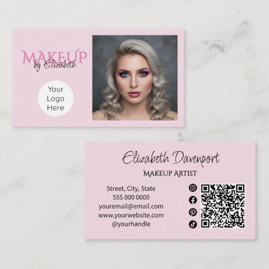 Roze Script Sociale Icon QR Code Make-up Visitekaartje (Voorkant / Achterkant)