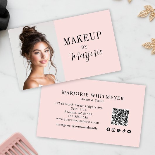 Roze Script Sociale Icoon QR Code Foto Make-up Visitekaartje