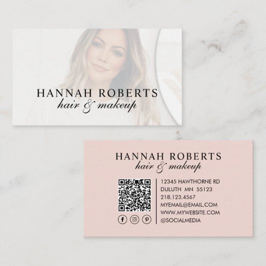 Roze Script Sociale QR Code Foto Haar Make-up Visitekaartje (Voorkant / Achterkant)