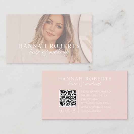 Roze Script Sociale QR Code Foto Haar Make-up Visitekaartje (Voorkant / Achterkant)