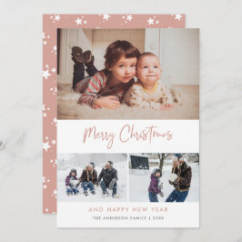 Roze Script Stars Kerstmis 3 Foto Collage Feestdagenkaart