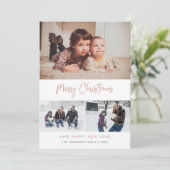 Roze Script Stars Kerstmis 3 Foto Collage Feestdagenkaart (Staand voorkant)