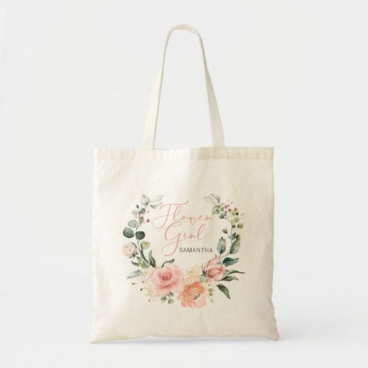 Roze Script Waterverf Floral Wreath Bloemenmeisje Tote Bag (Voorkant)
