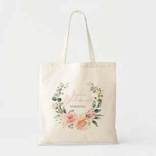 Roze Script Waterverf Floral Wreath Jr Bridesmaid Tote Bag
