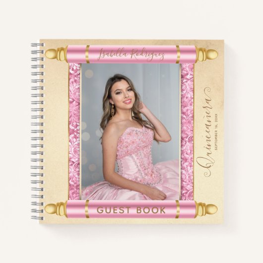 Roze Scroll Foto Budget Quinceañera Gastenboek Notitieboek (Voorkant)