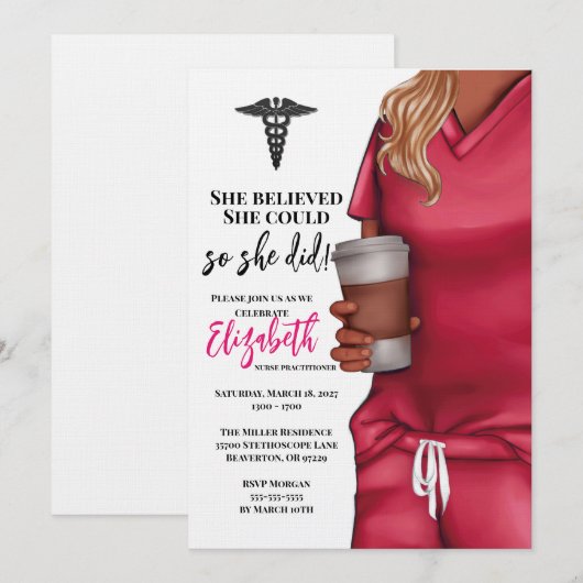 Roze Scrub Medische School Afstuderen Uitnodiging (Voorkant / Achterkant)