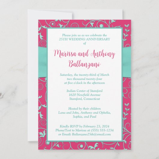 Roze, Seafoam Green Swirls Jubileum Invitation Kaart (Achterkant)