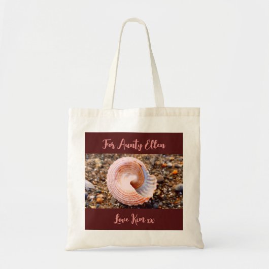Roze Seashell Beach Foto met aangepaste tekst Tote Bag (Voorkant)
