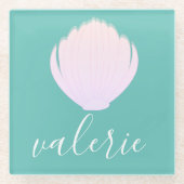 Roze Seashell Blauwgroen achtergrondscript Glazen Onderzetter (Voorkant)