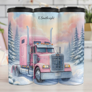 Roze Semi Truck Winterlandschap Thermosbeker