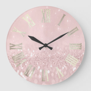 Roze Sepia Gray Silver Glitter Metal Roman Nummers Grote Klok