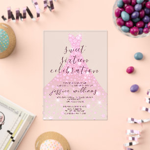 Roze Sequin Ball Gown Sweet 16 Verjaardag Acryl Uitnodigingen