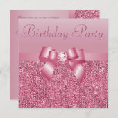 Roze sequins, Bow & Diamond Birthday Party Kaart (Voorkant / Achterkant)