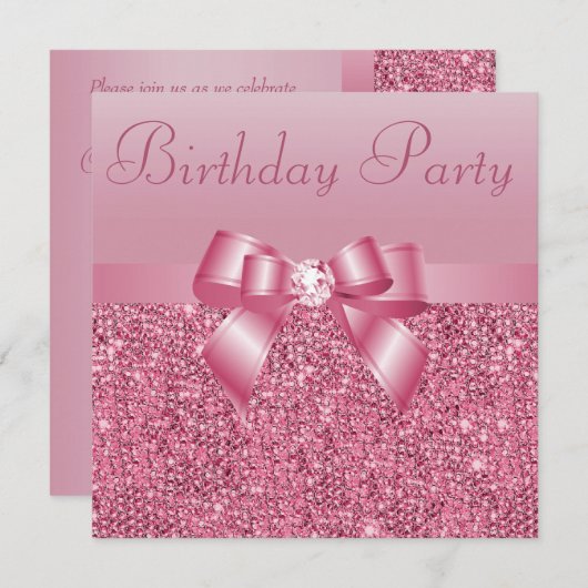 Roze sequins, Bow & Diamond Birthday Party Kaart (Voorkant / Achterkant)