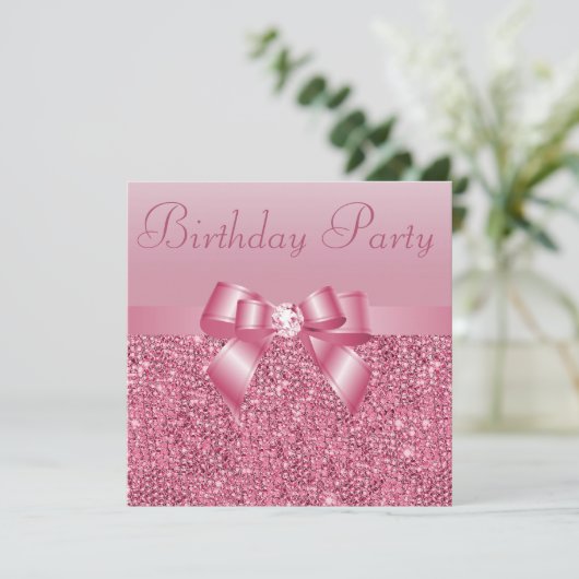 Roze sequins, Bow & Diamond Birthday Party Kaart (Staand voorkant)