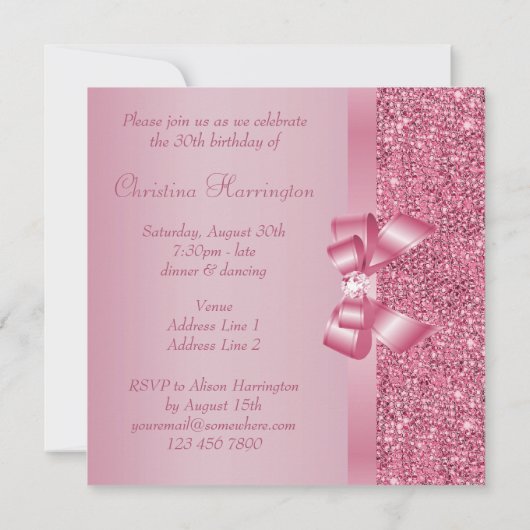 Roze sequins, Bow & Diamond Birthday Party Kaart (Achterkant)