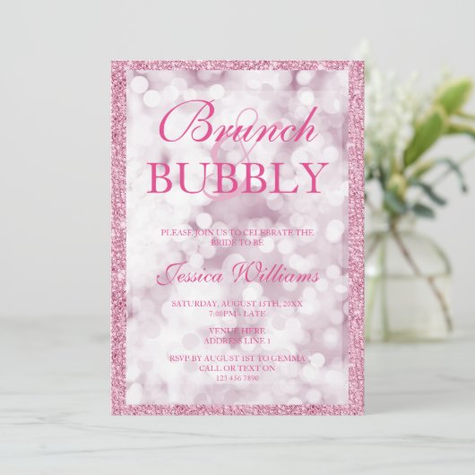 Roze Sequins Brunch & Bubble Vrijgezellenfeest Kaart (Staand voorkant)