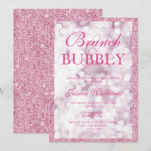 Roze Sequins Brunch & Bubble Vrijgezellenfeest Kaart (Voorkant / Achterkant)
