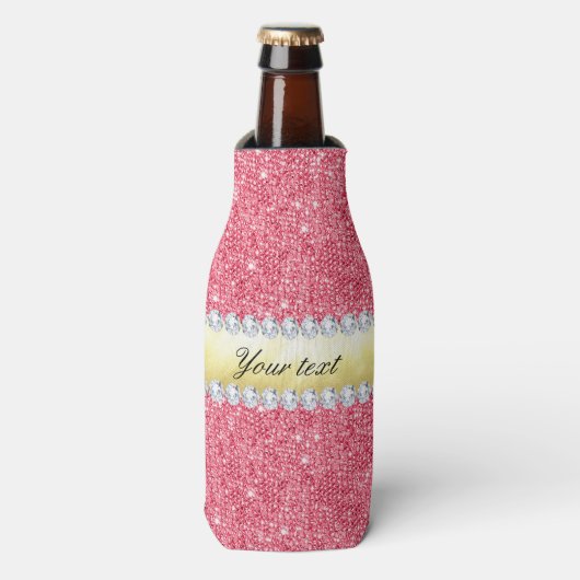Roze Sequins Gold Foil en Diamonds Flesjeskoeler (Fles Voorkant)