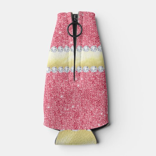 Roze Sequins Gold Foil en Diamonds Flesjeskoeler (Achterkant)