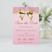 Roze Sequins Gouden Boog Save De Datum Bruiloft Save The Date (Staand voorkant)