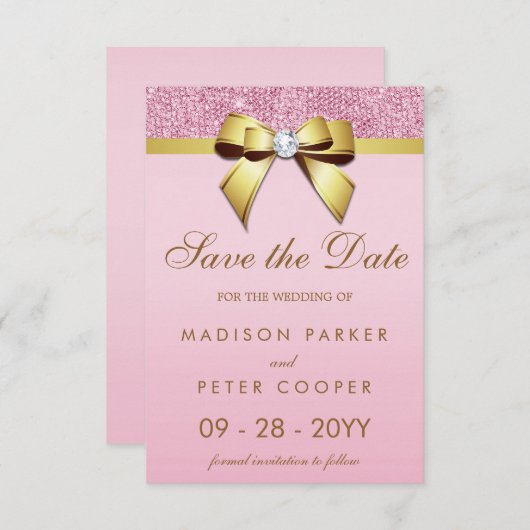 Roze Sequins Gouden Boog Save De Datum Bruiloft Save The Date (Voorkant / Achterkant)