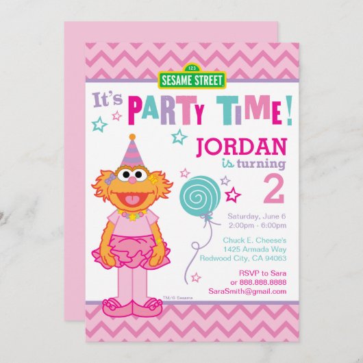 Roze Sesamstraat Zoe Verjaardag Kaart (Voorkant / Achterkant)